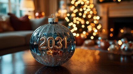 Elegant Crystal Ornament with 2031 in a Festive Living Room. Generative AI