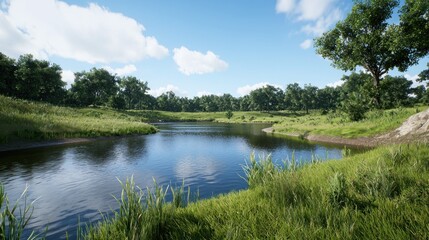 Obraz premium Serene landscape with a calm river and lush greenery.
