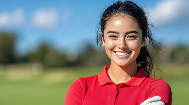 Australian golfer woman exercise at green grass field at golf driving range