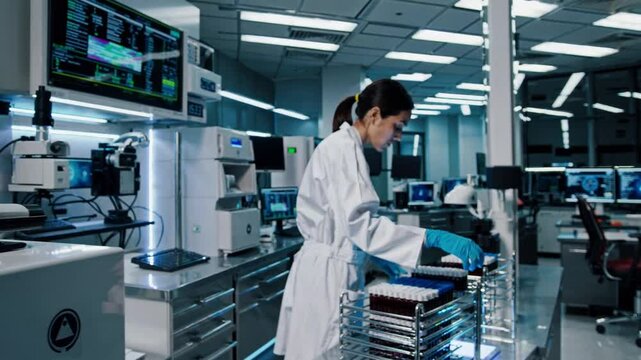 A white-coated lab technician moves blood samples from the test tube rack to the automated analysis machine. Unnamed Scientist in the Field of Contemporary Medical Diagnostics
