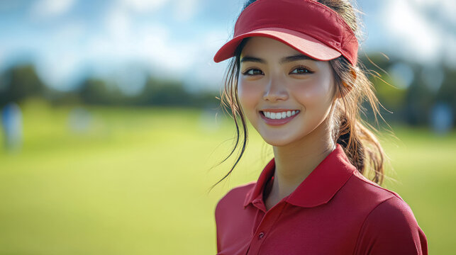 Indonesian golfer woman exercising on green grass field at golf driving range