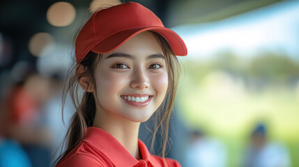 Chinese golfer woman exercise at green grass field at golf driving range