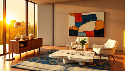 A_icon_of_In_an_expansive,_glass-walled_living_room_bathed_in_the_golden_hues_of_a_setting_sun,_an_array_of_sleek,_Brazilian_Modernist Generative AI