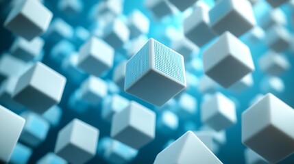 Obraz premium Dynamic 3D White Cubes with Blue Grid Pattern. Generative AI