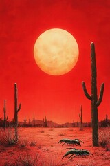 Image of Illustration of a desert scene with scorpions and cacti under a red sky printed on Printed Glass Splashbacks