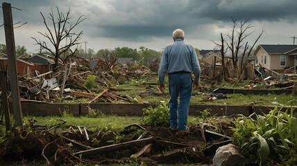 Man Surveys Storm Damage in a Devastated Neighborhood