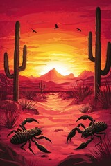 Image of Illustration of a desert scene with scorpions and cacti under a red sky printed on Printed Glass Splashbacks