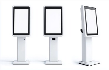 Three white kiosks, isolated, blank screens, presented from various viewpoints.