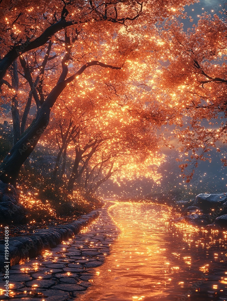Poster glowing trees over cobblestone path by river at twilight