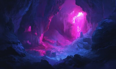 Colorful rock formations in deep, illuminated cave create stunning view
