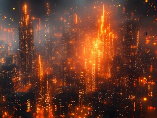 Fototapeta premium Futuristic Cityscape with Glowing Blockchain Nodes Floating Above Skyscrapers Symbolizing Decentralized Urban Networks
