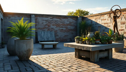 A_icon_of_In_an_expansive,_weather-beaten_courtyard,_a_collection_of_weathered,_concrete_objects_stands_in_a_harmonious_arrangement_The_sun,_low Generative AI