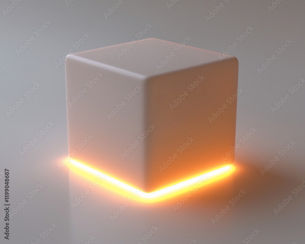 Poster illuminated white cube on a light gray surface.