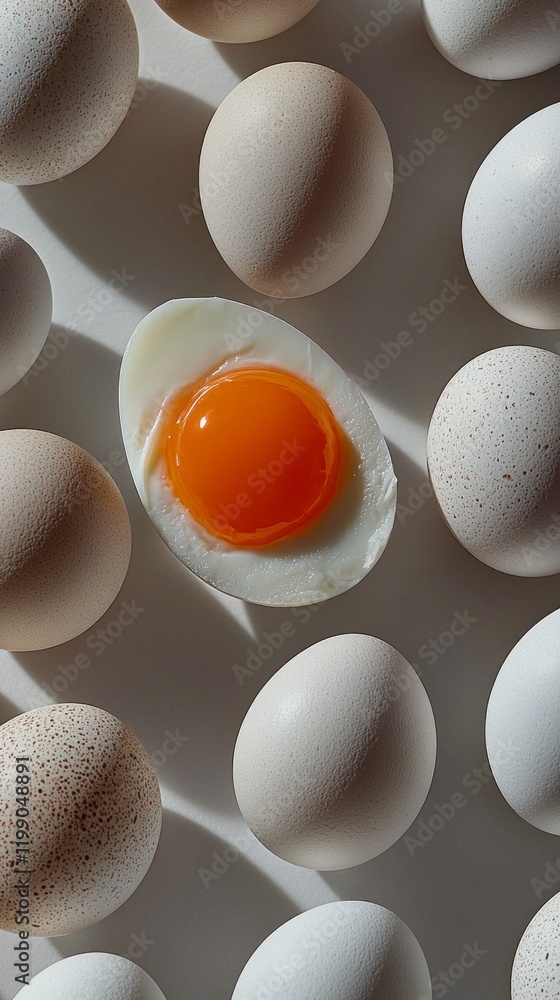 Poster neatly arranged fresh eggs lie in perfect symmetry, inviting a closer look at their unique textures 