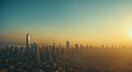 A sprawling city skyline filled with tall buildings and a haze of smoke.