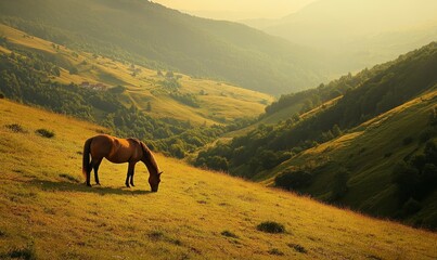 Obraz premium Brown horse grazing on a hillside with a stunning view of a valley below, hillside, brown horse, rural scene