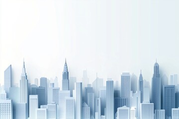 White background, light blue gradient city skyline, in a minimalist design, 3d rendered style