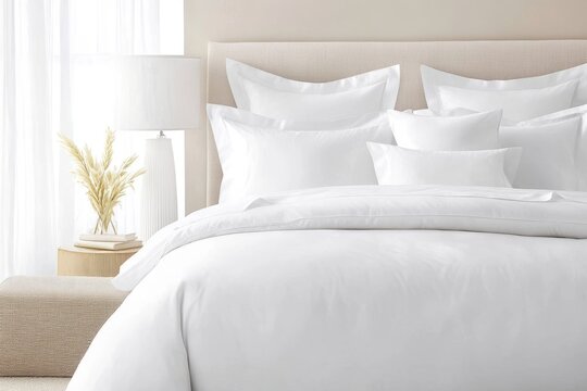 Comfortable white bed with pillows and blanket inviting a restful sleep