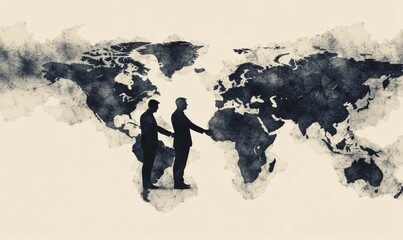 Business professionals silhouette against world map, symbolizing global collaboration and strategy