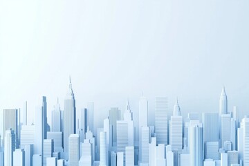 White background, light blue gradient city skyline, in a minimalist design, 3d rendered style