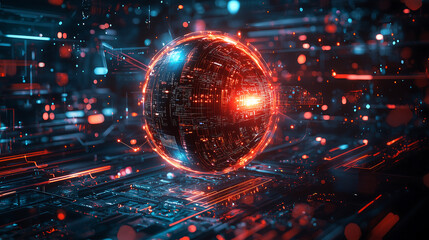 Fototapeta premium Glowing AI Core Levitating in Futuristic Chamber with Intricate Digital Circuits and Red Illumination Representing Advanced Artificial Intelligence Technology and Cybernetic Innovation Concepts