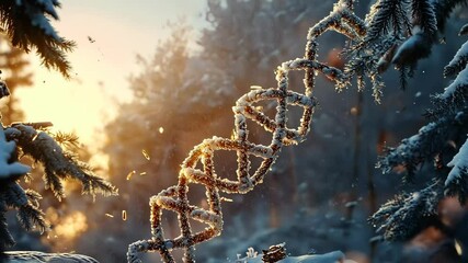 Snow-covered landscape featuring a glowing DNA double helix structure amidst trees at sunrise in a serene winter setting - Powered by Adobe