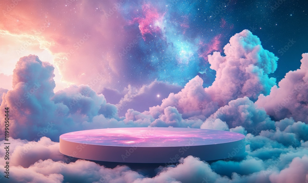 Poster circular platform with nebula pattern surrounded by pink and blue clouds