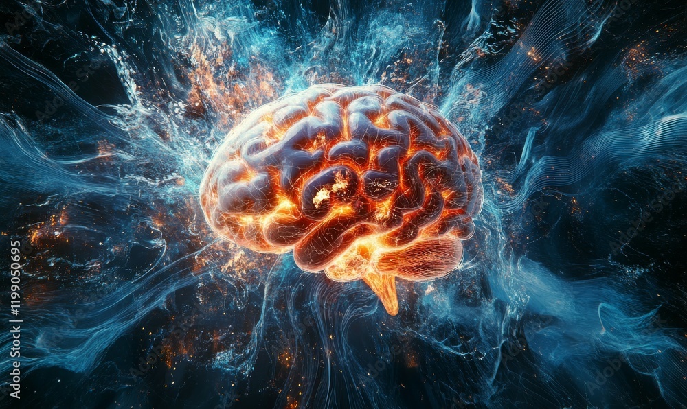 Poster brainwave symphony, concept art of a human brain exploding with knowledge and creativity.