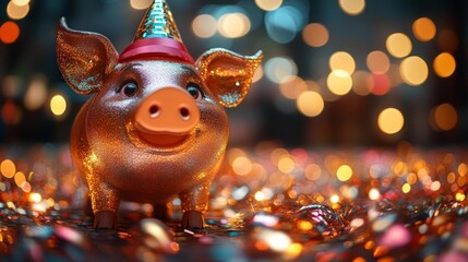Festive metallic pig with party hat and colorful lights. Generative AI