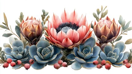 Watercolor Botanical Art with Succulents and Protea. Generative AI