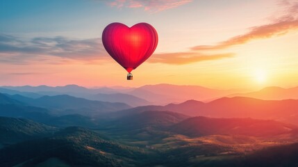 Fototapeta premium Heart-shaped hot air balloon soaring over a serene sunset landscape.