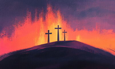 Fototapeta premium Dramatic Sunset Silhouette of Three Crosses on Hill Reflecting Spiritual Faith and Symbolism in Vibrant Colors