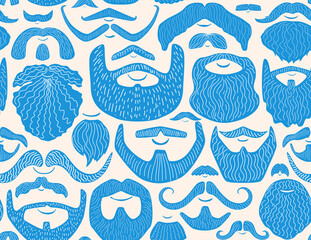 hand drawn varios shapes and styles men beard and mustache seamless pattern, vector illustration repeat design print in blue and cream