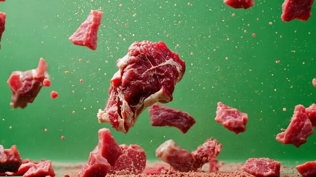 Meat Explosion: Chunks of raw beef suspended mid-air against a vibrant green background, creating a dynamic and visually striking image. Perfect for culinary, food photography, and advertising. 