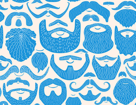 hand drawn varios shapes and styles men beard and mustache seamless pattern, vector illustration repeat design print in blue and cream - Powered by Adobe
