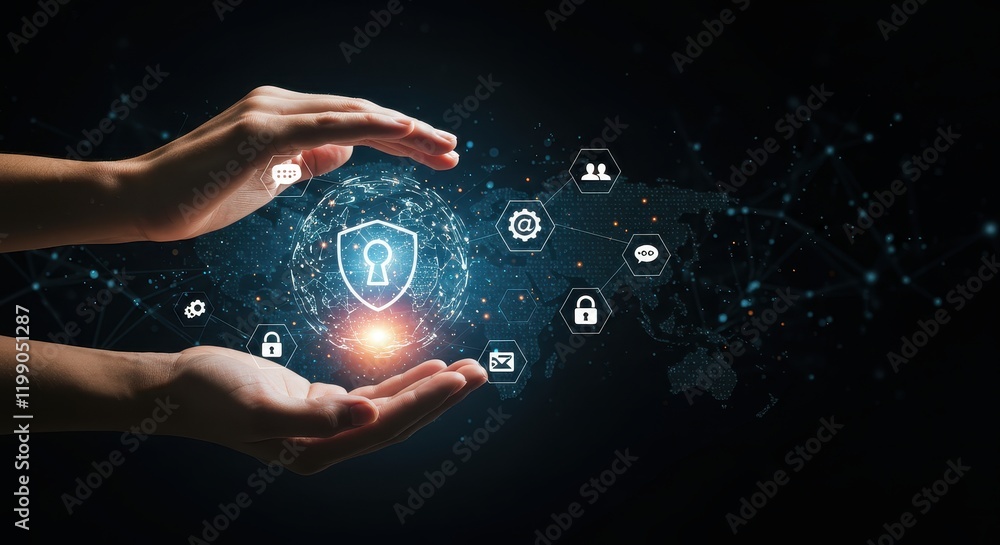 Poster hands protecting digital globe with security icons on dark background