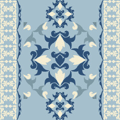Ikat seamless pattern with decorative elements in blue and beige colors. Design for elaborated borders, tiles, wallpaper, fabric, saree, rug, and curtains. Vector illustration.
