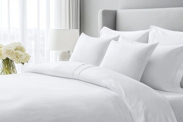 Perfectly made bed with white linens in a hotel room illuminating comfort and relaxation
