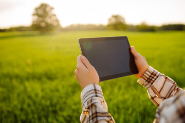 Farmers use agricultural technology in data analysis tablets. Women use tablets to research and develop plant agricultural.