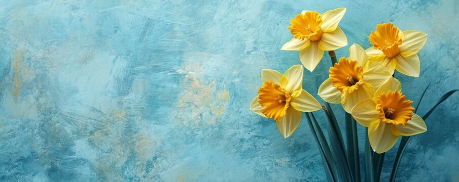 Bright yellow daffodils bloom against a textured blue background in a serene indoor setting
