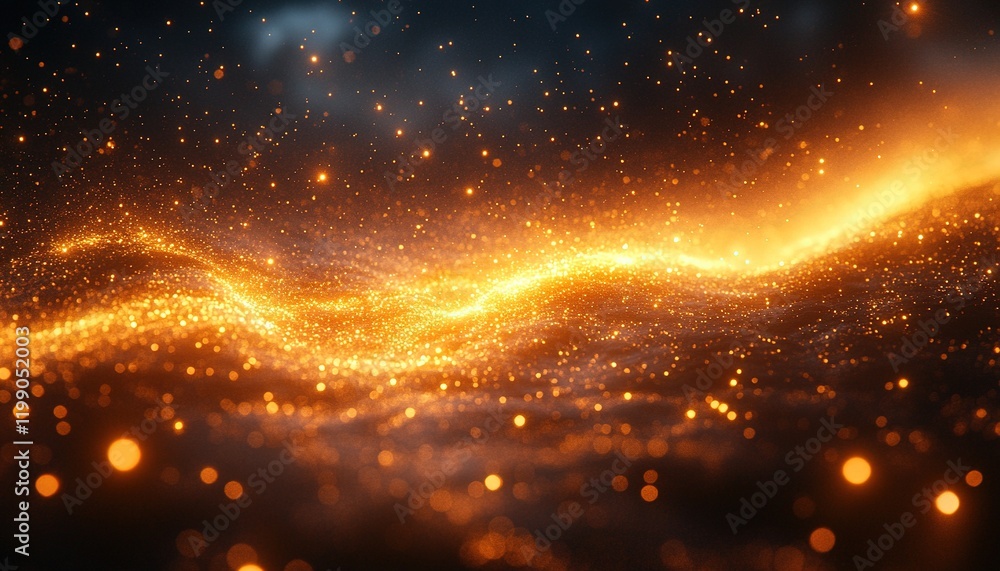 Poster golden particles wave in dark space with glowing bokeh background