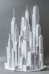 White paper model of a city skyline with skyscrapers, on a gray background