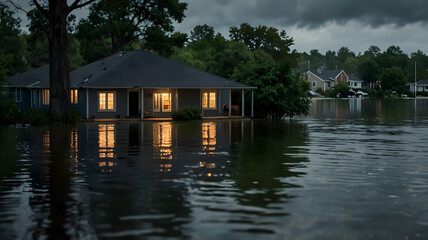 Naklejka premium Flooded Home at Night Under a Dark Sky