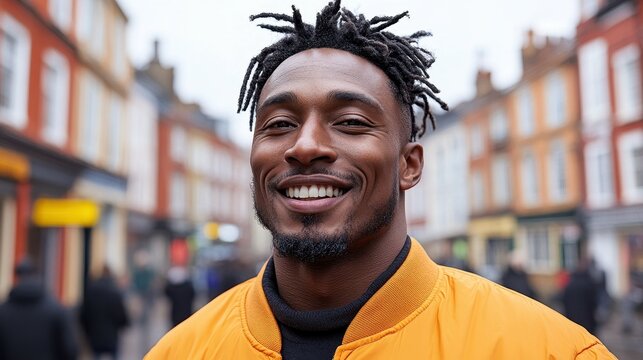 A man with dreadlocks wearing a bright orange jacket smiles confidently in a bustling urban street. Colorful buildings and a lively crowd create an engaging atmosphere