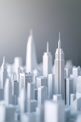 Obraz premium White paper model of a city skyline with skyscrapers, on a gray background