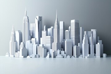Obraz premium White paper model of a city skyline with skyscrapers, on a gray background