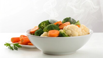 Vegetables on white bowl steam from carrots broccoli, and cauliflower, a steaming. Boiled hot healthy food on table on white background, hot food and healthy food concept.