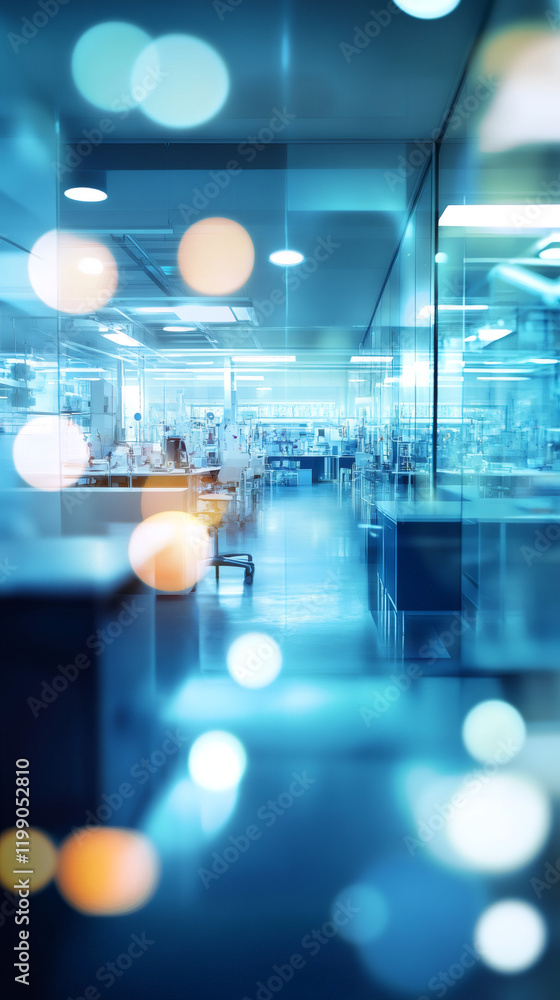 Aufkleber Laboratory interior featuring soft bokeh backdrop, highlighting sleek glass partitions and sophisticated scientific instrumentation