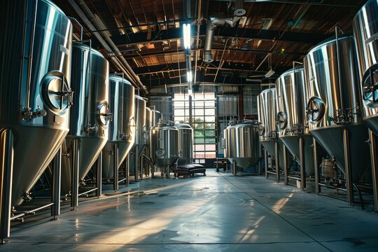 Sunlight streams into a brewery warehouse, illuminating rows of gleaming steel beer tanks - Powered by Adobe