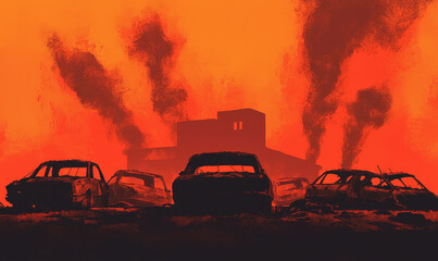Obraz premium Dramatic Urban Landscape with Burning Vehicles and Smoky Sky: Symbol of Environmental Catastrophe and Urban Decay